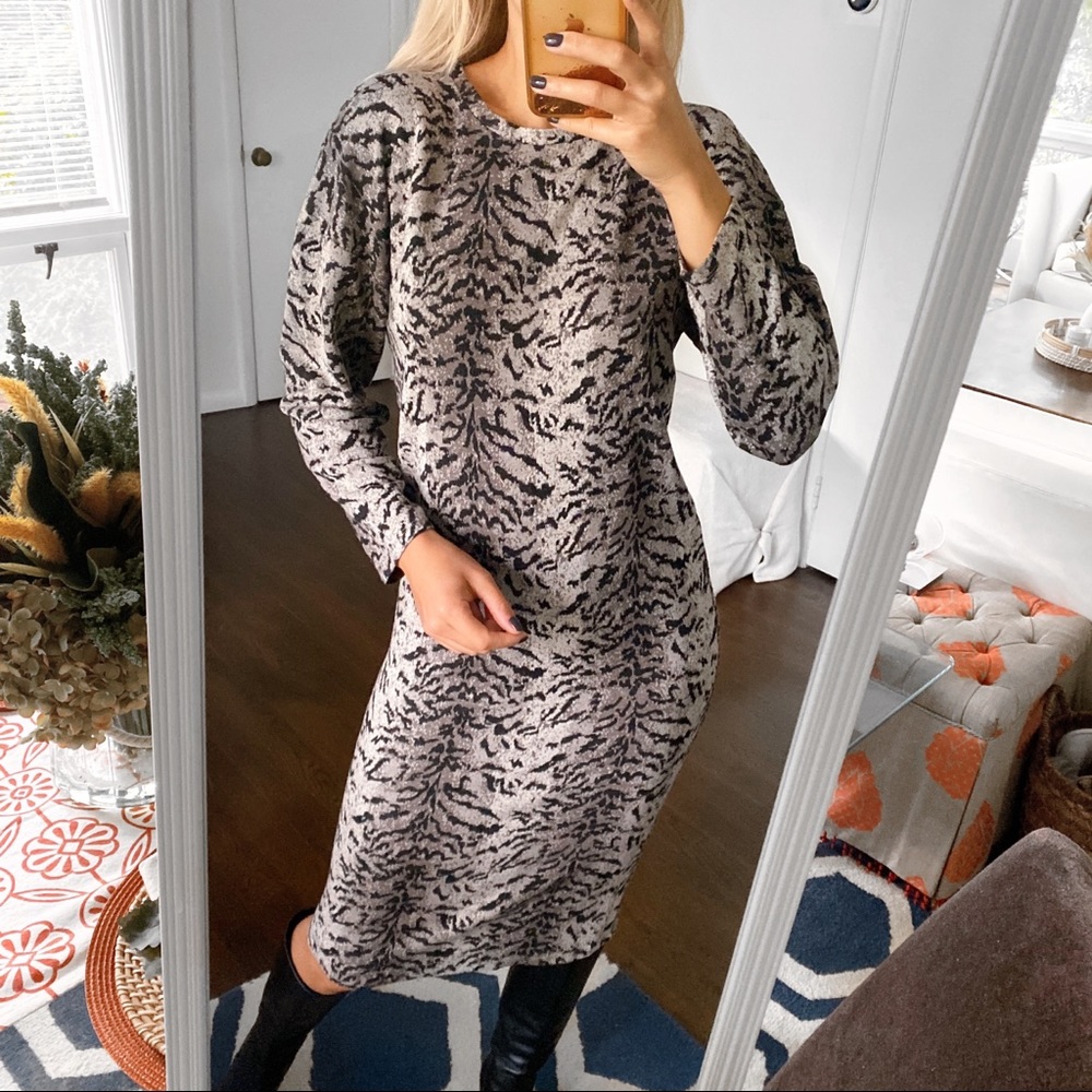 🖤 ZARA BLACK GREY ANIMAL PRINT LONG SLEEVE MIDI DRESS!